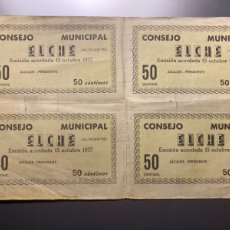 Monedas República: ELCHE. GUERRA CIVIL. 50 CÉNTIMOS. 4 BILLETES SIN DIVIDIR