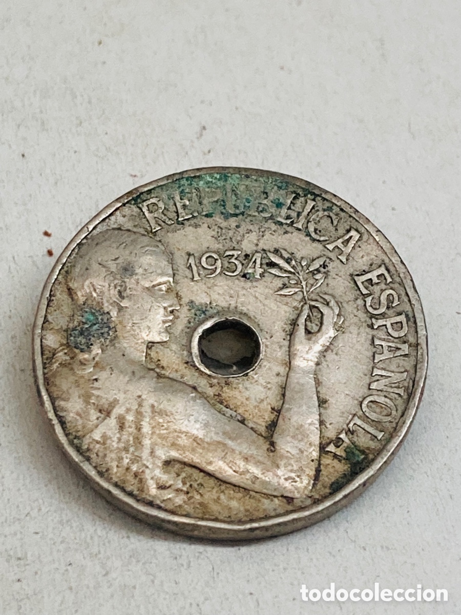 Monedas Rep&uacute;blica: Moneda de veinticinco c&eacute;ntimos 1934 - Foto 2