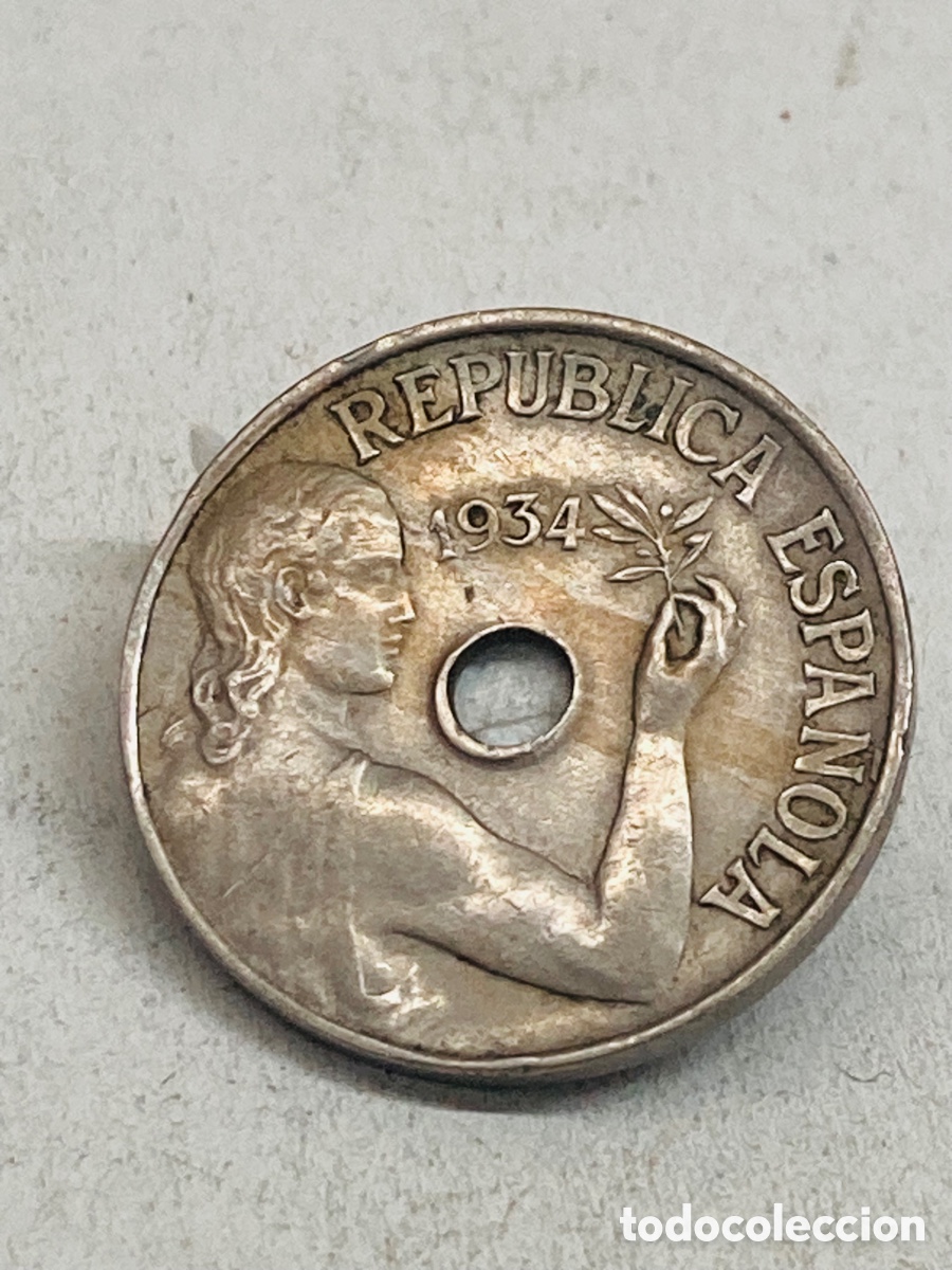 Monedas Rep&uacute;blica: Moneda de 25 c&eacute;ntimos 1934 - Foto 2