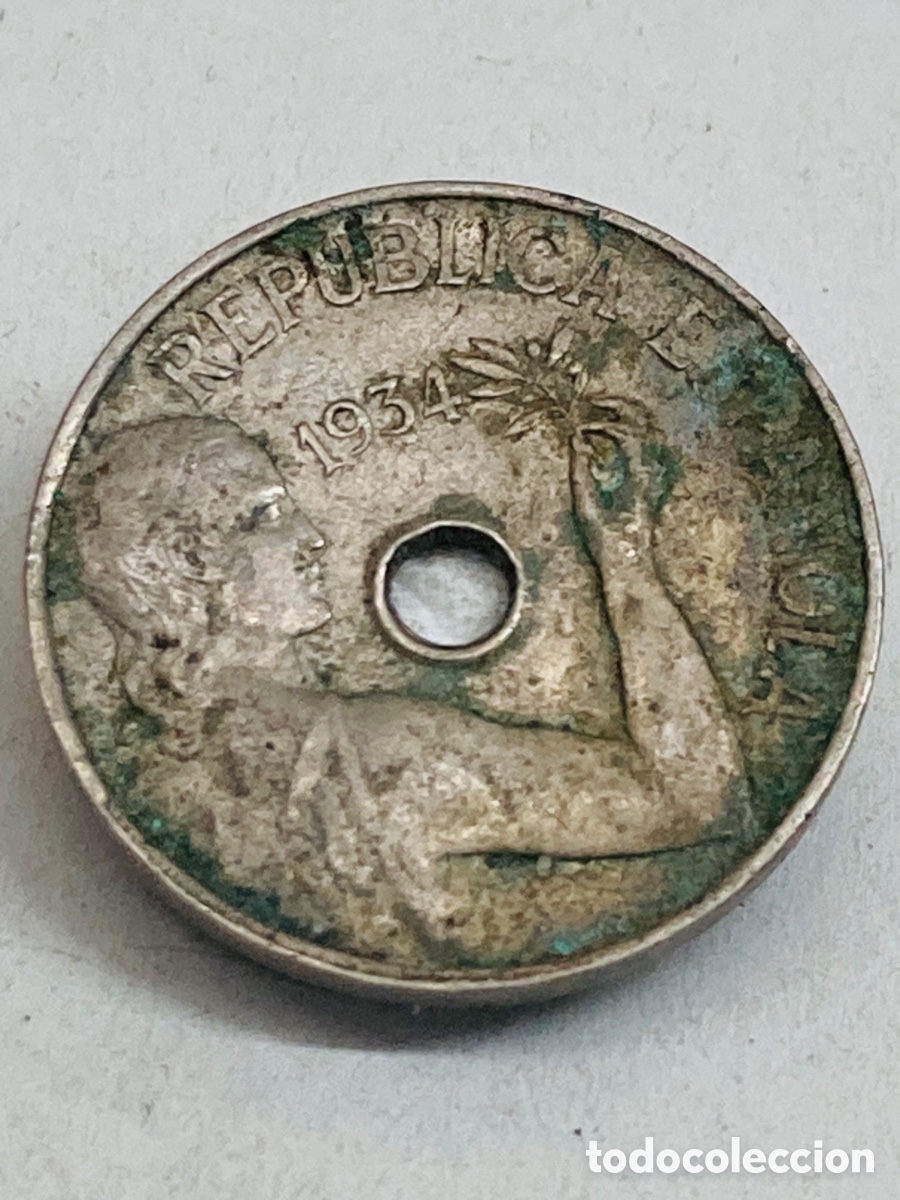 Monedas Rep&uacute;blica: Moneda 25 c&eacute;ntimos 1934 - Foto 2