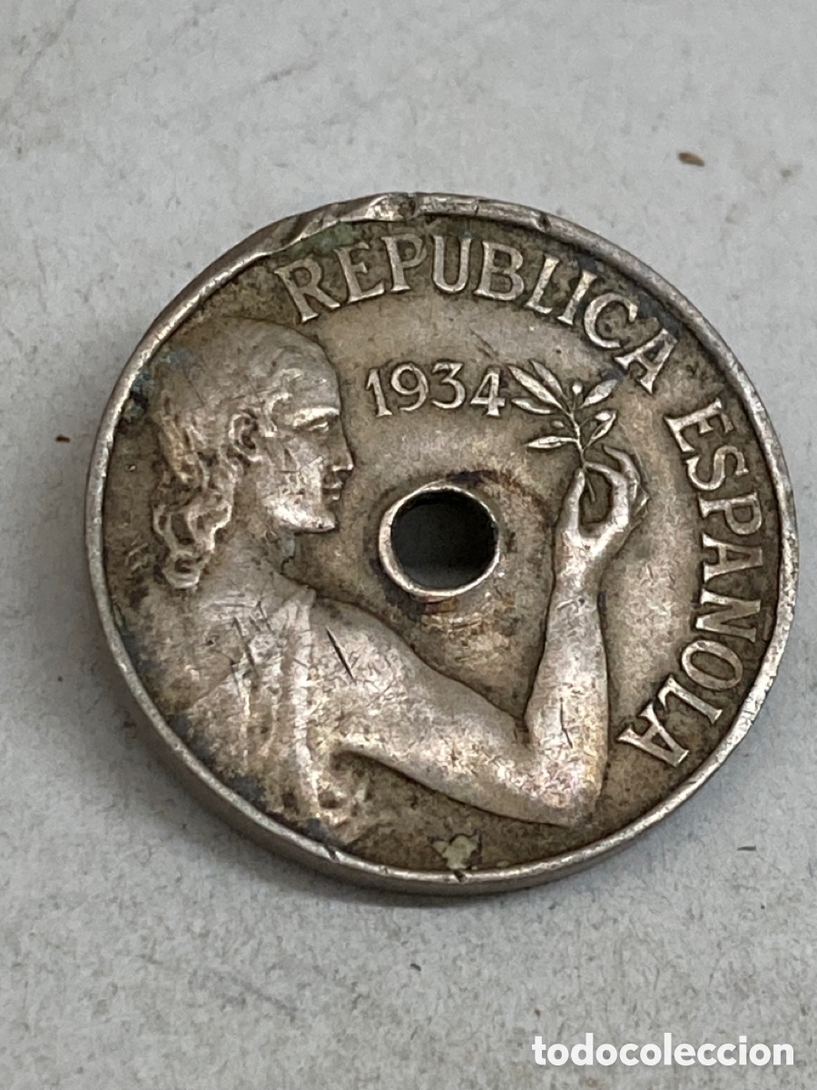 Monedas Rep&uacute;blica: Moneda de 25 c&eacute;ntimos 1934 - Foto 1