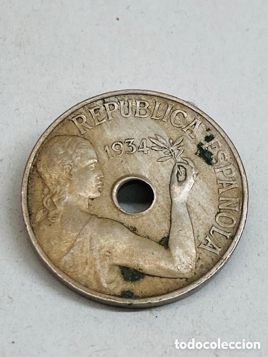 Monedas Rep&uacute;blica: Moneda de 25 c&eacute;ntimos 1934 - Foto 2
