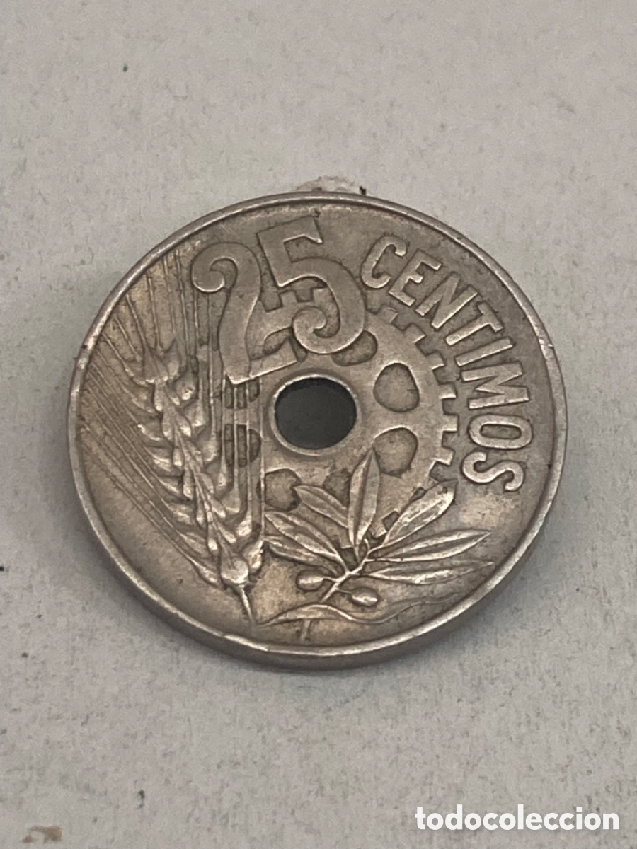 Monedas Rep&uacute;blica: Moneda de veinticinco c&eacute;ntimos 1934 - Foto 2