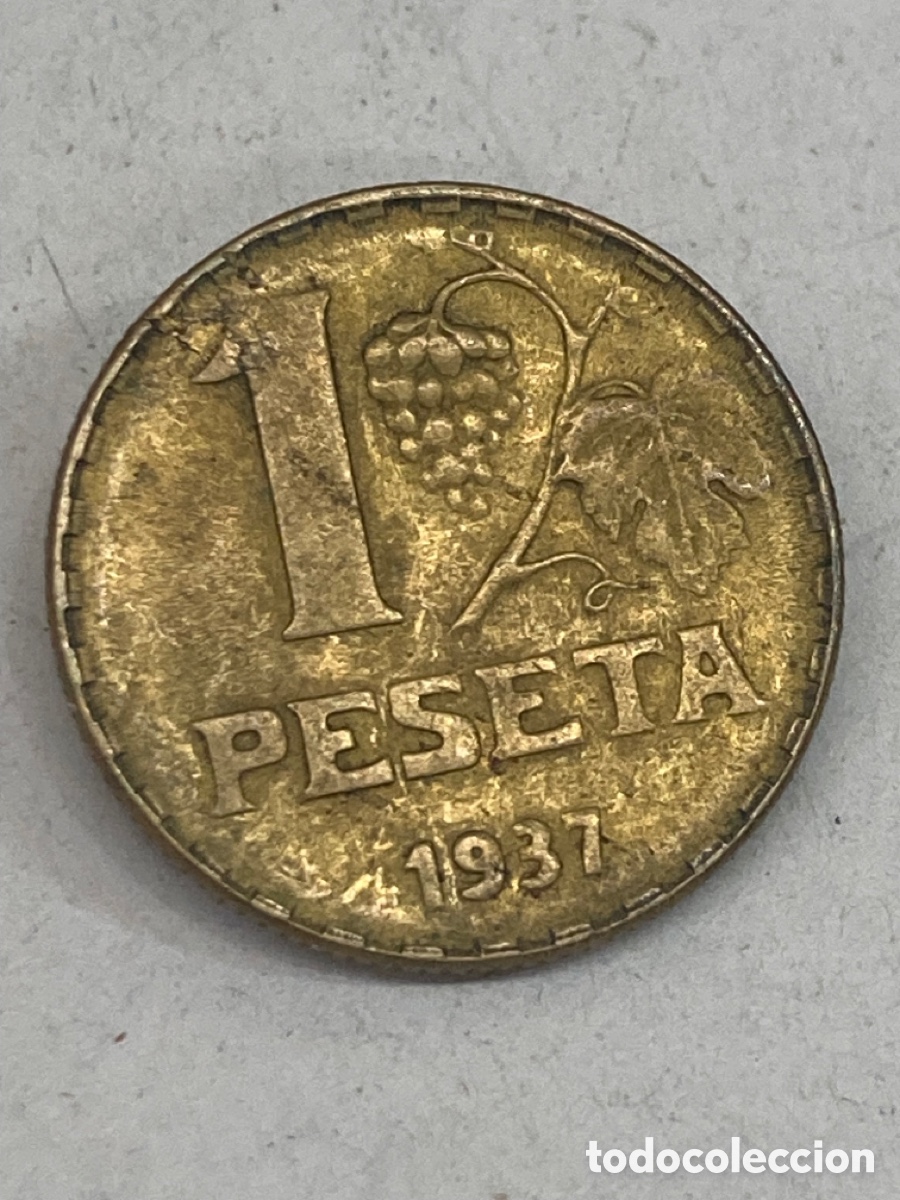 Monedas Rep&uacute;blica: Moneda de una peseta 1937 - Foto 1