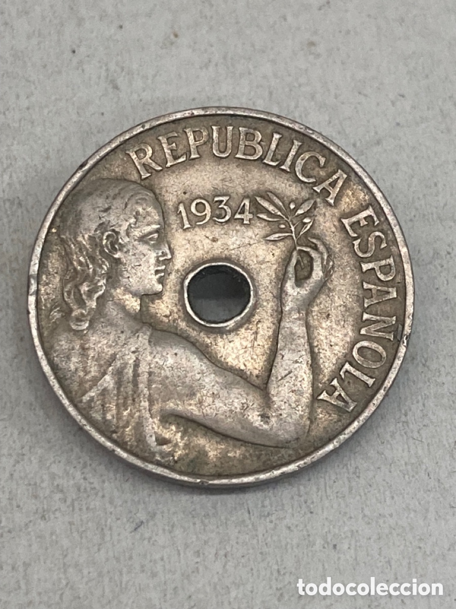 Monedas Rep&uacute;blica: Moneda de veinticinco c&eacute;ntimos 1934 - Foto 2