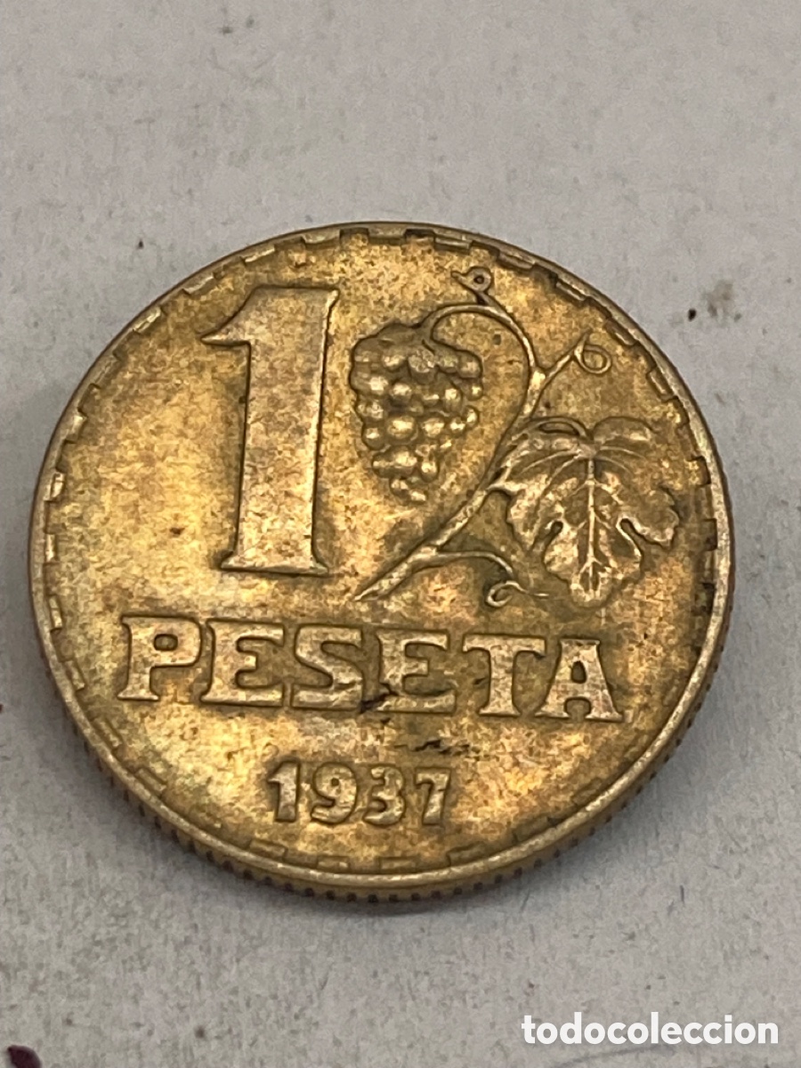 Monedas Rep&uacute;blica: Moneda de una peseta 1937 - Foto 1