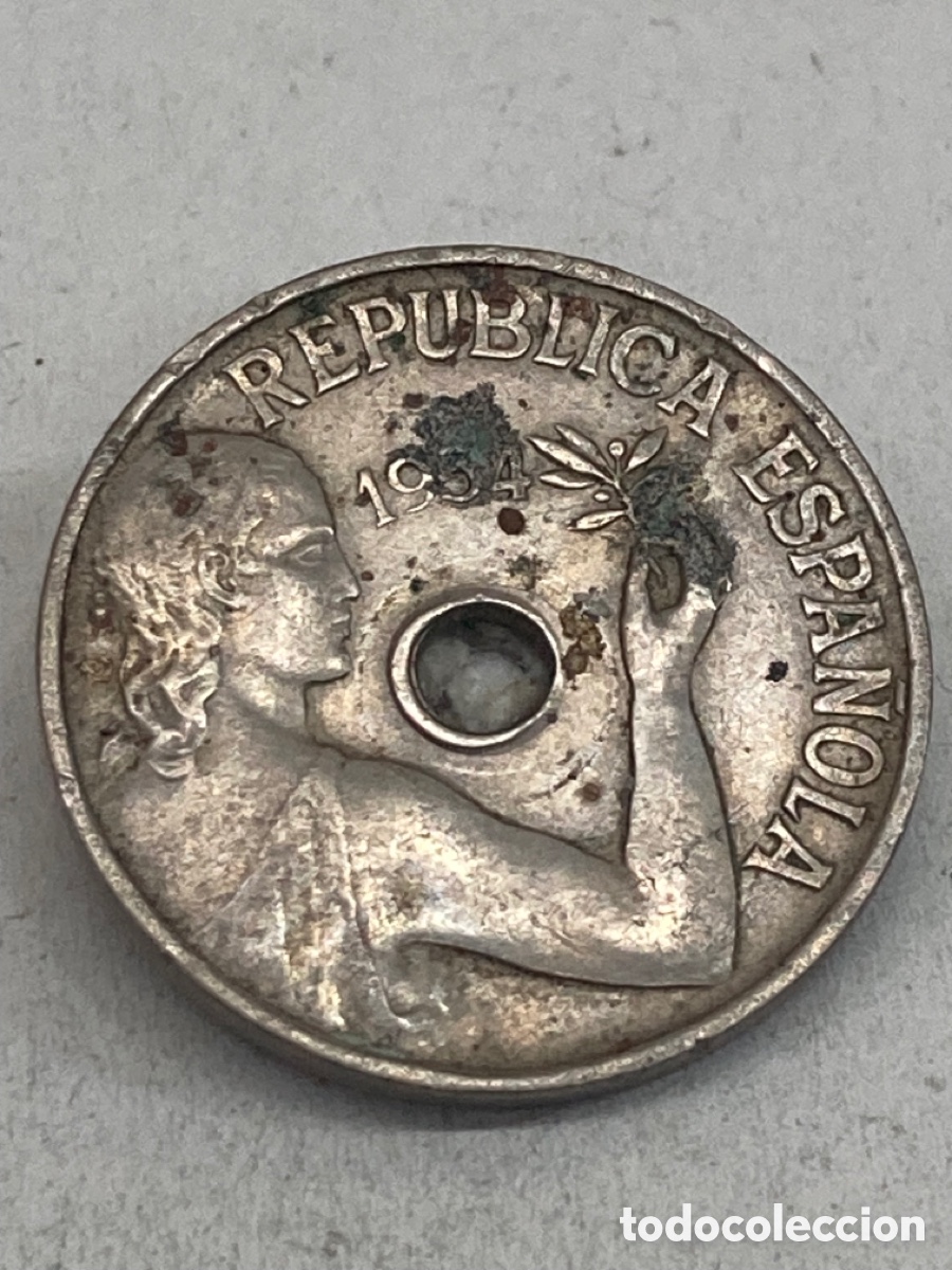 Monedas Rep&uacute;blica: Moneda veinticinco c&eacute;ntimos 1934 - Foto 1