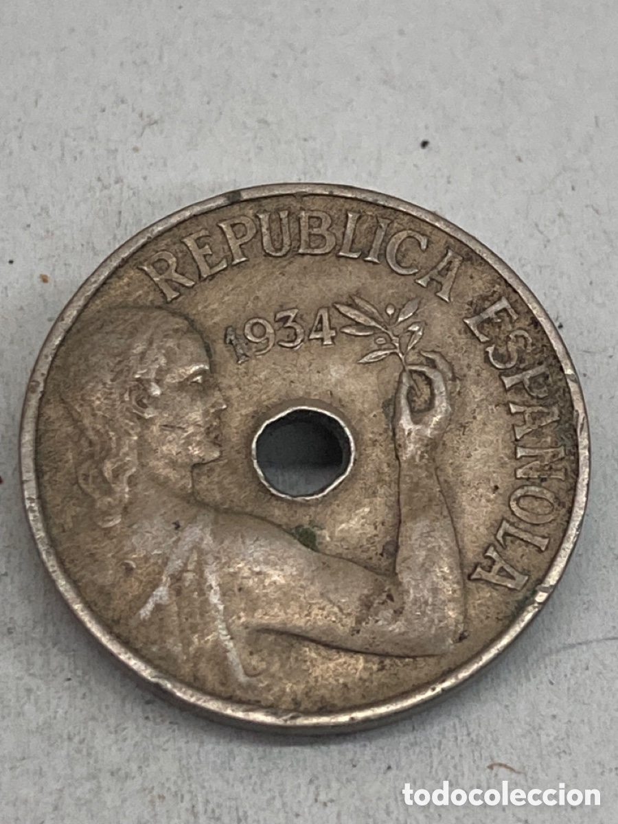 Monedas Rep&uacute;blica: Moneda de veinticinco c&eacute;ntimos 1934 - Foto 1