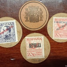 Monedas República: LOTE DE 3 CARTONES MONEDA Y SELLOS DE 1931, ALFONSO XIII Y PEGASO URGENTE DE 20 CTS.
