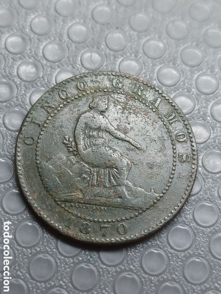 Monedas Rep&uacute;blica: Moneda de 5 c&eacute;ntimos 1870 en buenas condiciones - Foto 4