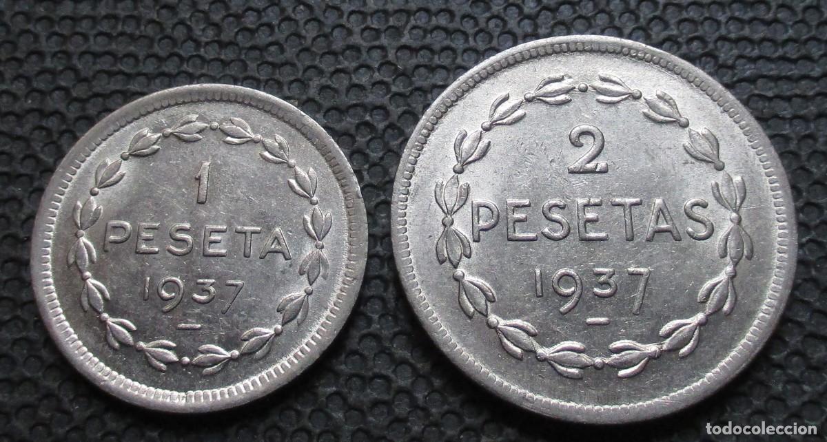 Monedas Rep&uacute;blica: GOBIERNO DE EUZKADI -1 PTA + 2 PTAS 1937- REF.2 - Foto 2