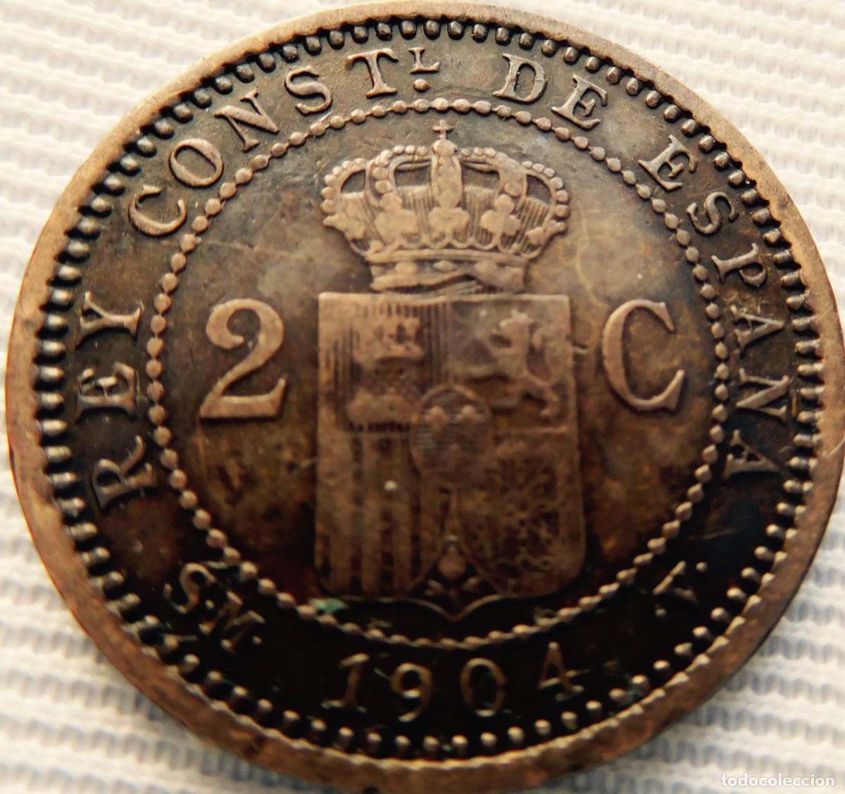 Monedas Rep&uacute;blica: 2 centimos de Alfonso XIII 1904 - Foto 2