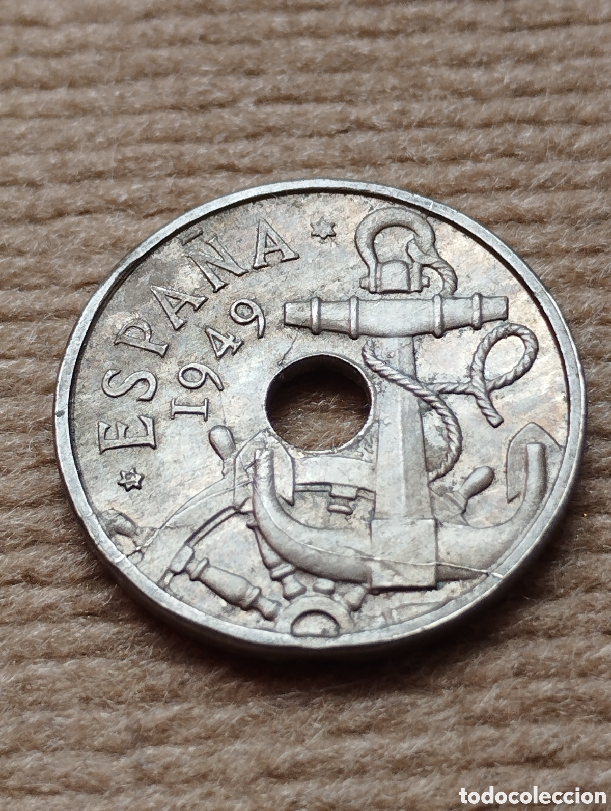 Monedas Rep&uacute;blica: Error Fractura de Cu&ntilde;o en 50 c&eacute;ntimos 1949 - Foto 1