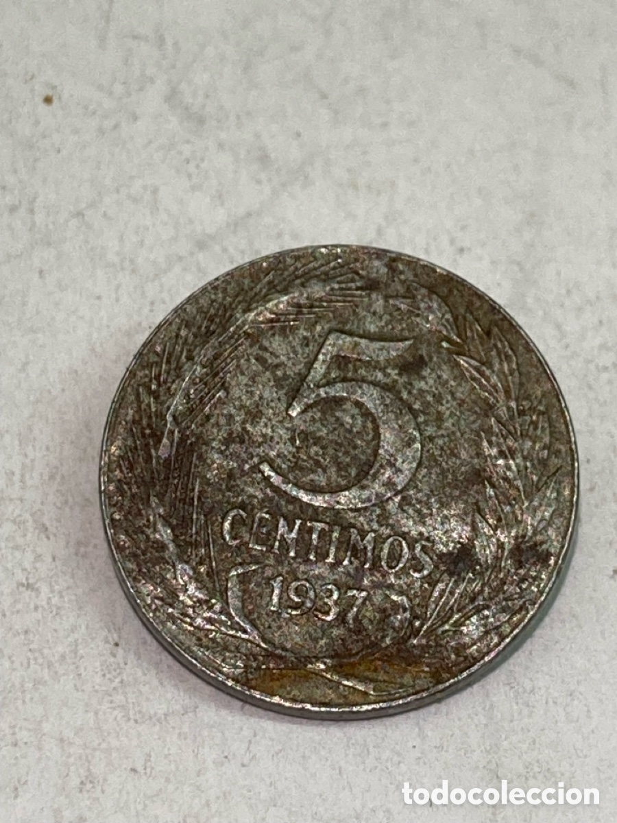 Monedas Rep&uacute;blica: Moneda 5 c&eacute;ntimos 1937 L50 - Foto 1