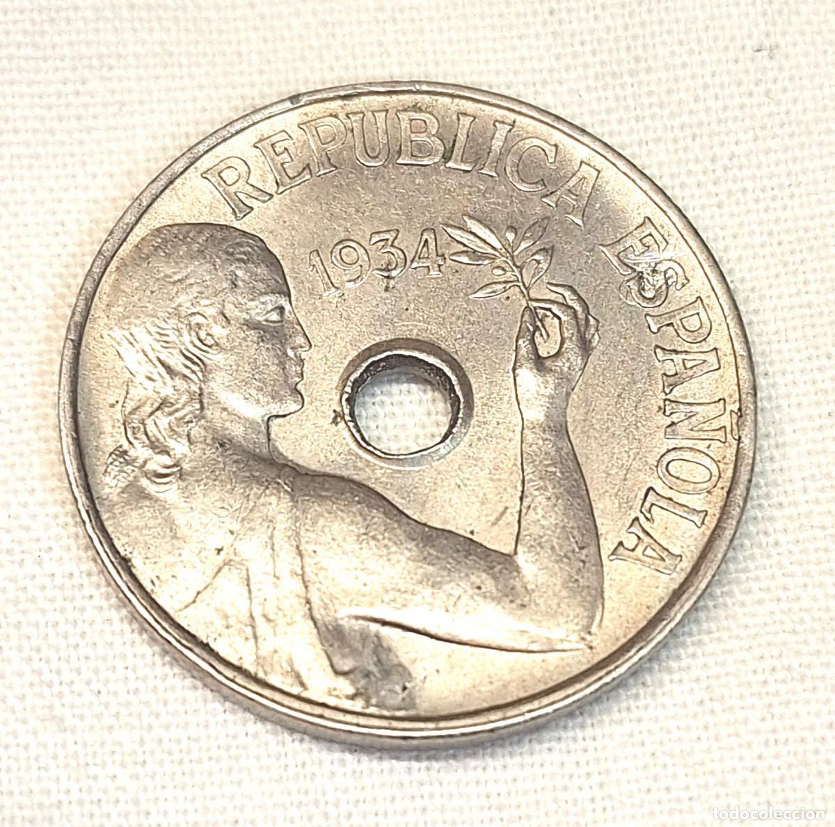 Monedas Rep&uacute;blica: Monedas 25 c&eacute;ntimos Rep&uacute;blica 1934 - Foto 1