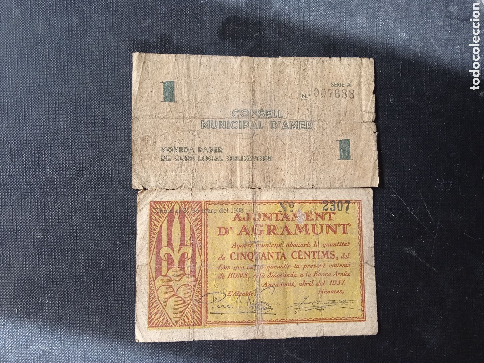 Monedas República: Conjunto de 2 billetes locales 1937 con final de paquete original Agramunt y Amer Girona