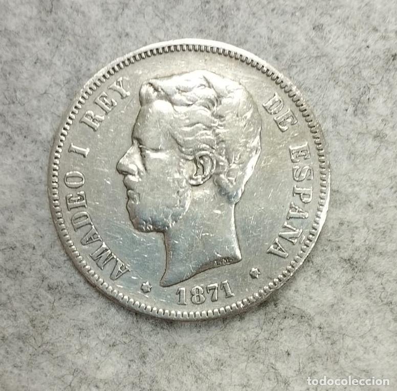 Monedas República: Moneda 5 pesetas ESPAÑA 1871 de plata de ley 900, Rey Amadeo I