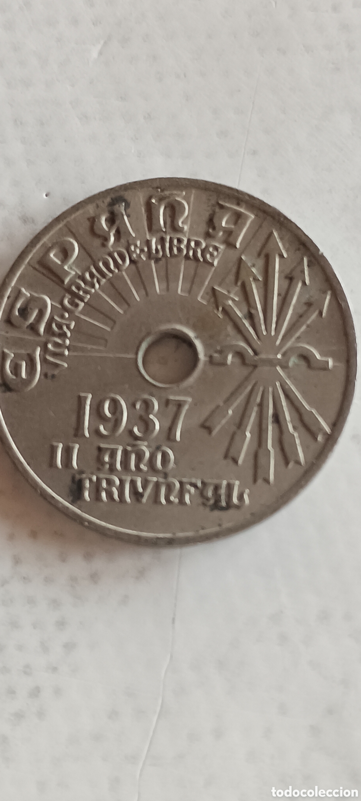 Monedas Rep&uacute;blica: Monedas Espa&ntilde;a de 25 c&eacute;ntimos 1937. - Foto 3