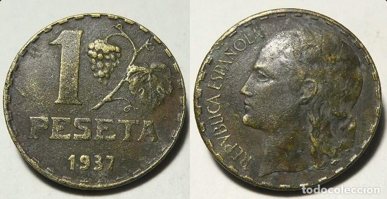 Monedas Rep&uacute;blica: Moneda de 1 peseta 1937 - Foto 1
