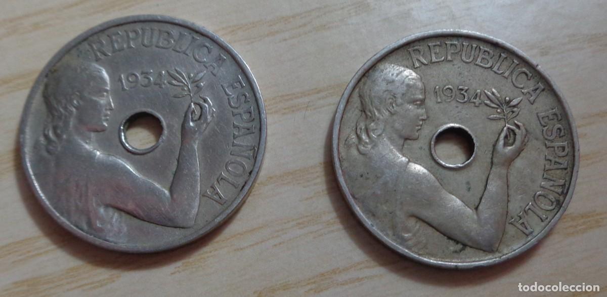 Monedas Rep&uacute;blica: LOTE DE 2 MONEDAS DE 25 CENTIMOS 1934 - Foto 1