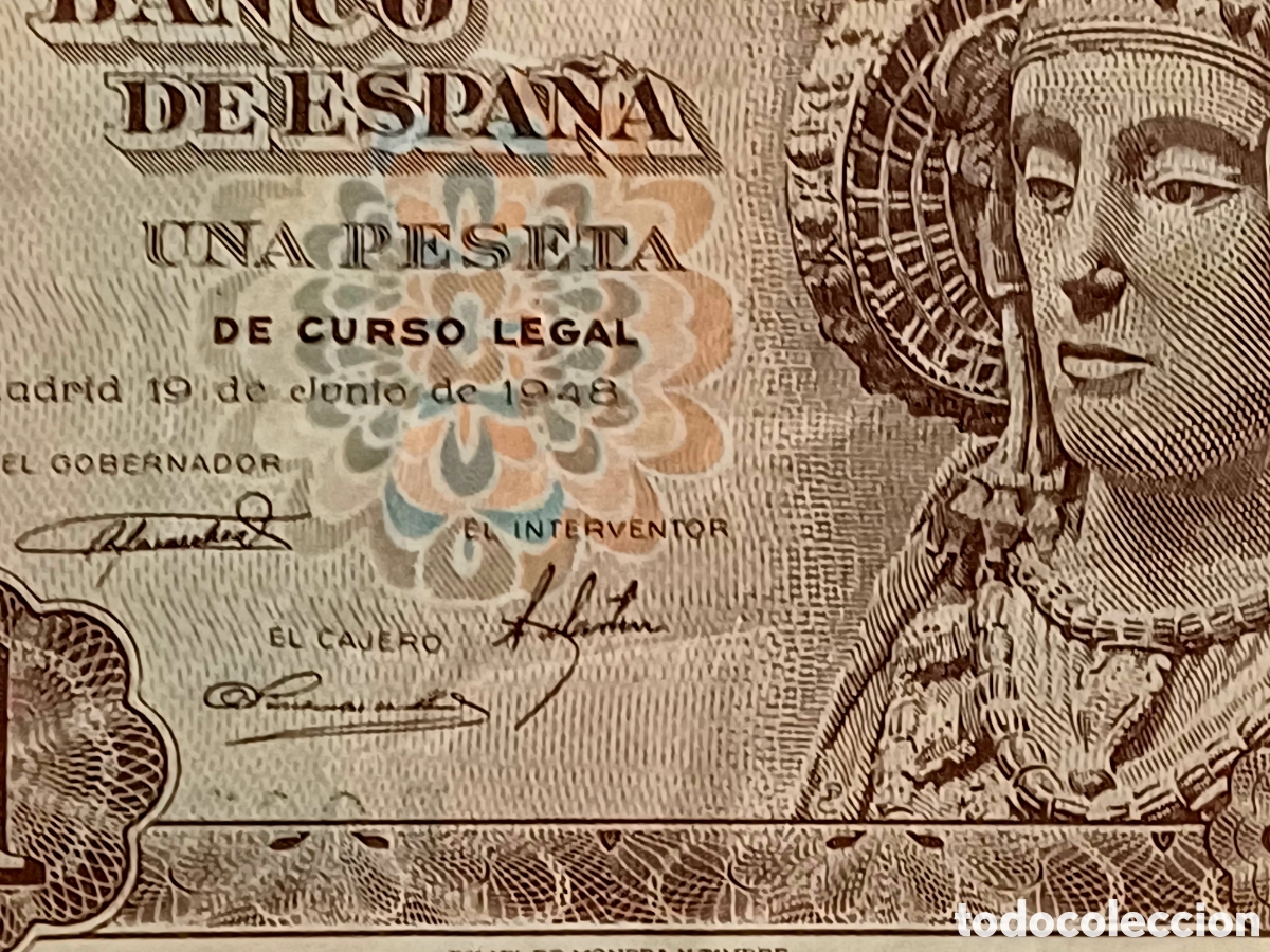 Monedas Rep&uacute;blica: Billete 1pta del 1948 Dama de Helche error. - Foto 3