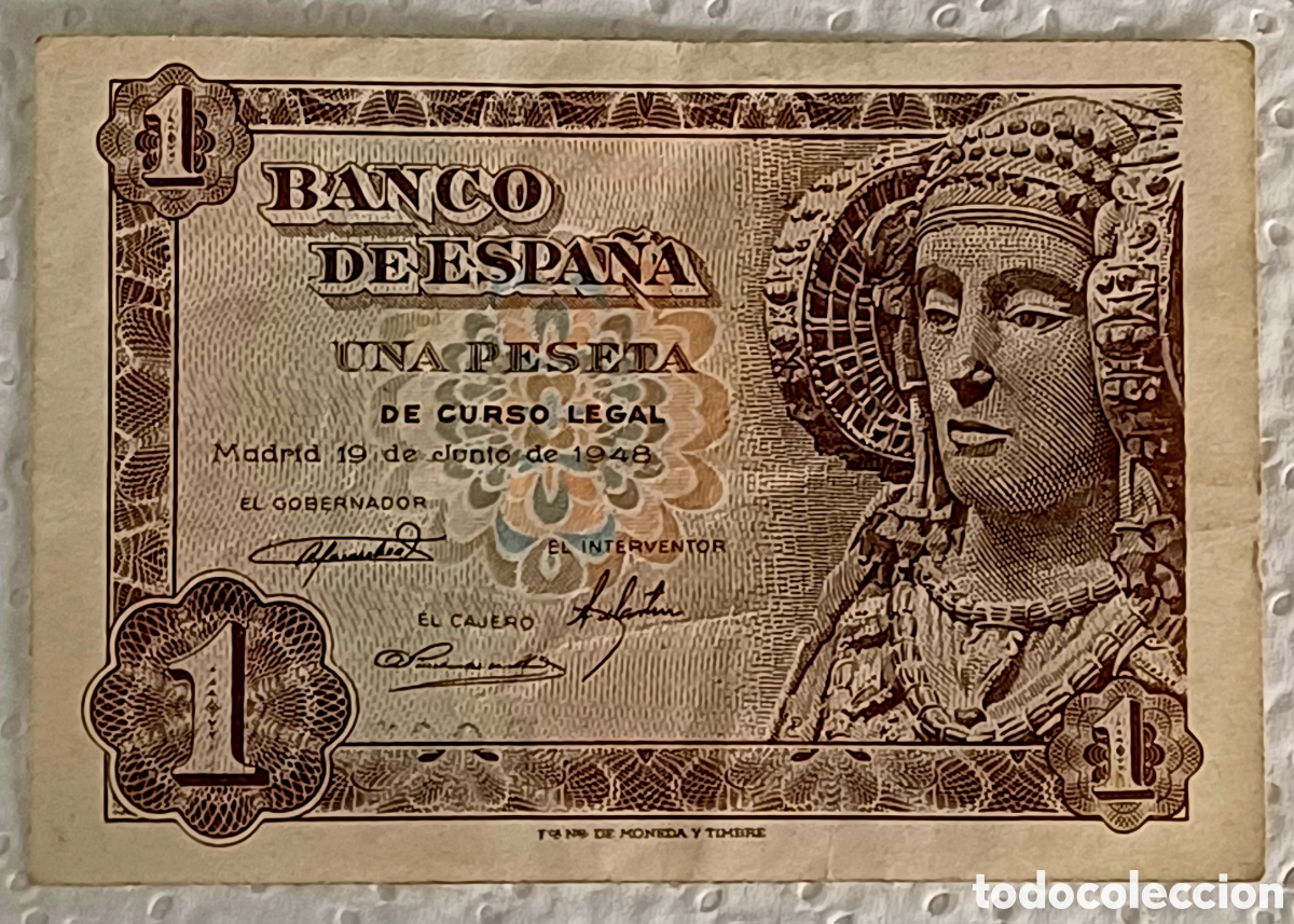 Monedas Rep&uacute;blica: Billete 1pta del 1948 Dama de Helche error. - Foto 1