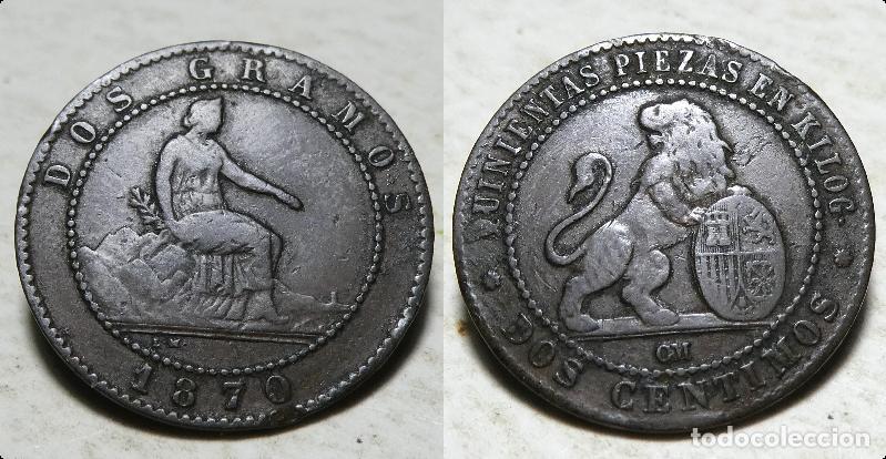 Monedas Rep&uacute;blica: MONEDA 2 CENTIMOS 1870, GOBIERNO PROVISIONAL - Foto 1