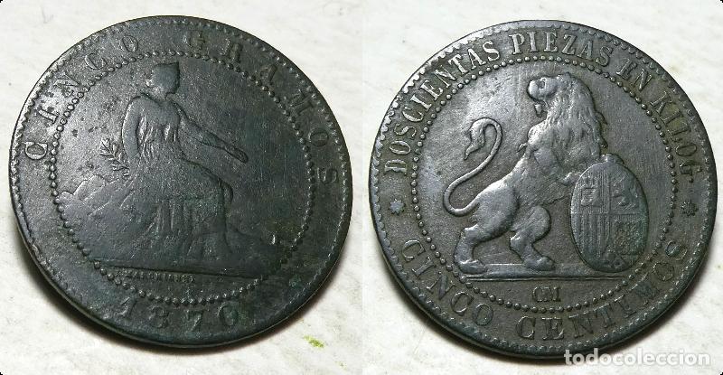 Monedas Rep&uacute;blica: MONEDA 5 CENTIMOS 1870, GOBIERNO PROVISIONAL - Foto 1