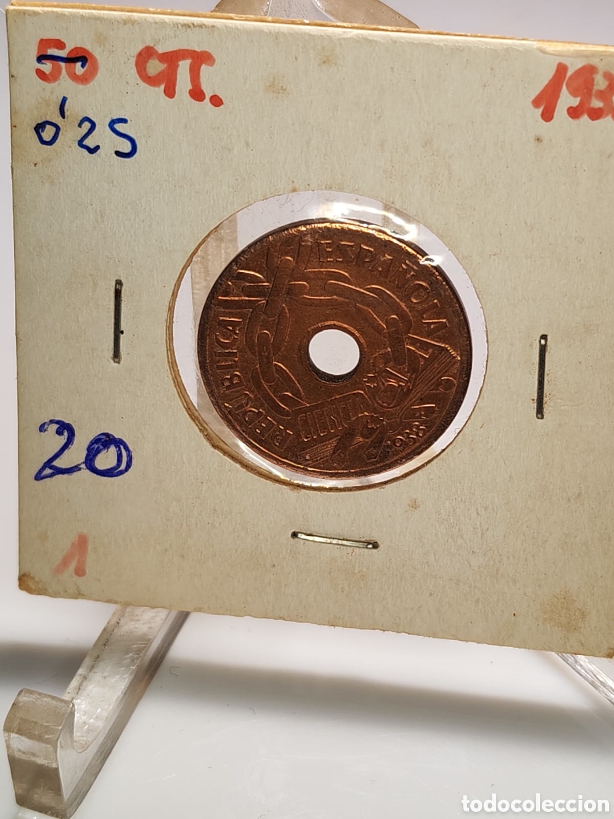 Monedas Rep&uacute;blica: Republica espa&ntilde;ola. 25 centimos. -1938 ..e - Foto 4