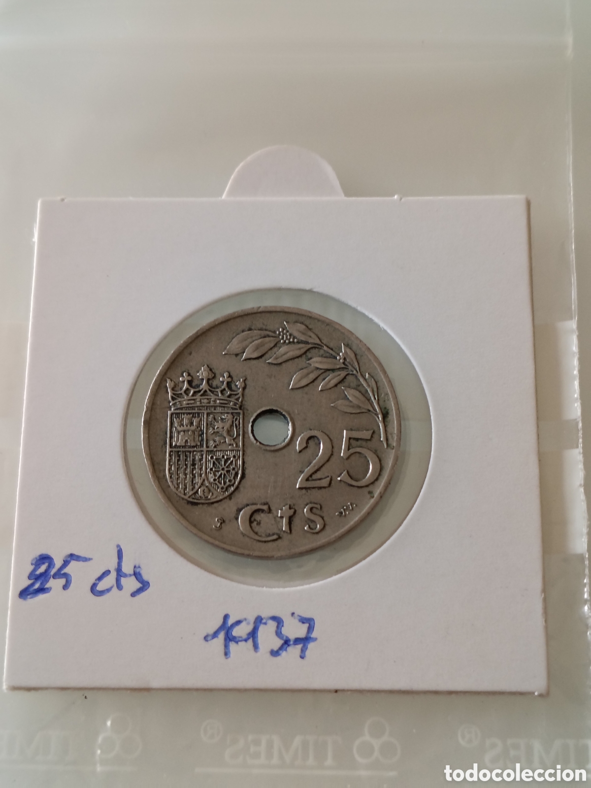 Monedas Rep&uacute;blica: 25 c&eacute;ntimos Espa&ntilde;a 1937 - Foto 2
