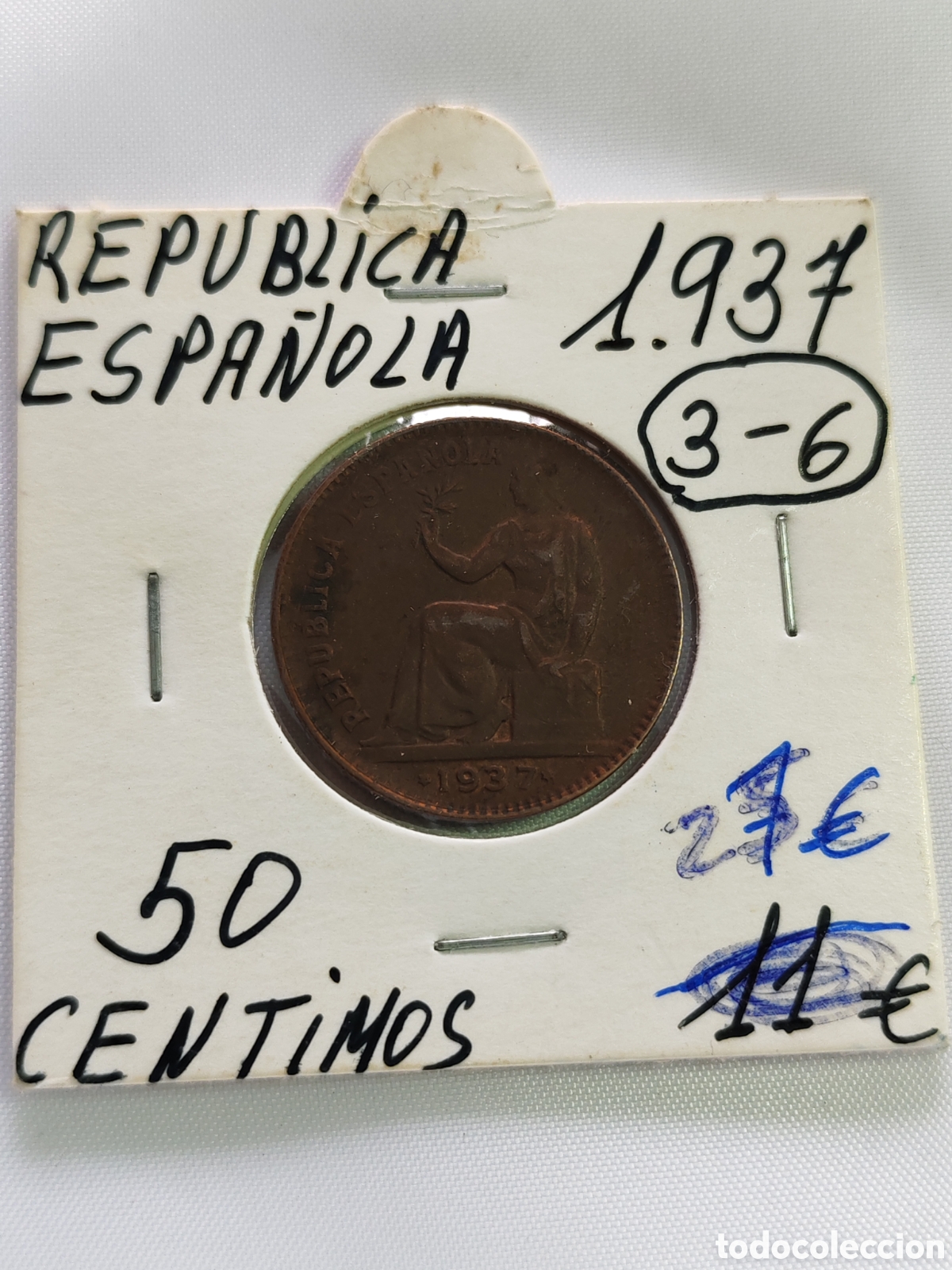 Monedas Rep&uacute;blica: Espa&ntilde;a. 50 centimos. 1937. *3-6. Republica espa&ntilde;ola . Cobre