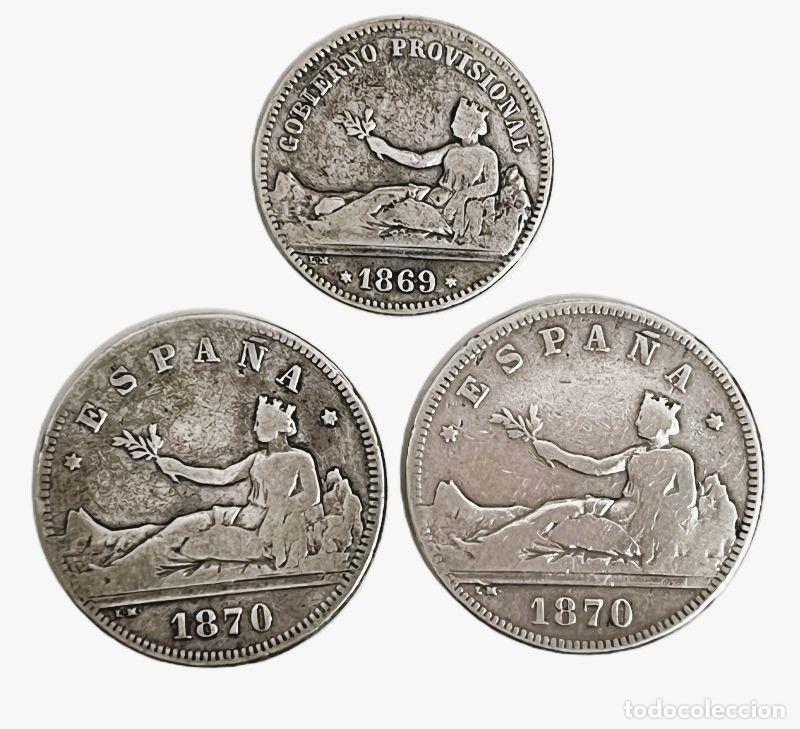 Monedas Rep&uacute;blica: 3 MONEDAS PLATA 1&ordf; REP&Uacute;BLICA ESPA&Ntilde;OLA: 1 PESETA GOBERNO PROVISIONAL 1869, DOS DE 2 PTAS 1870 (AG 45)