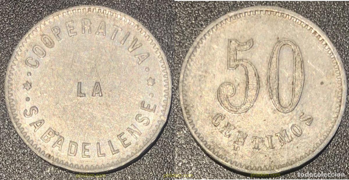 Monedas Rep&uacute;blica: 2258 ESPA&Ntilde;A 1937 FICHA 50 CENTIMOS COOPERATIVA SABADELLENSE