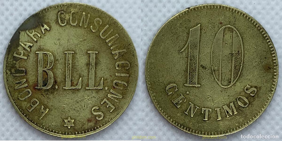 Monedas Rep&uacute;blica: 2156 ESPA&Ntilde;A 1937 FICHA COMERCIAL ABONO PARA CONSUMACIONES B.LL 10 CENTIMOS