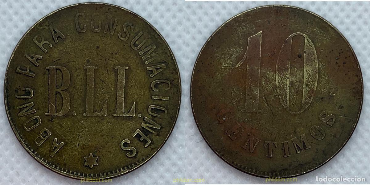 Monedas Rep&uacute;blica: 2157 ESPA&Ntilde;A 1937 FICHA COMERCIAL ABONO PARA CONSUMACIONES B.LL 10 CENTIMOS