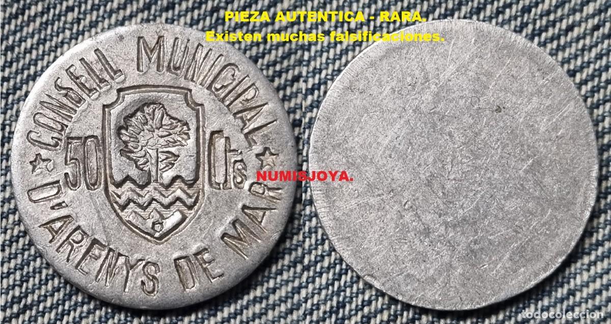 Monedas Rep&uacute;blica: Guerra Civil Espa&ntilde;ola 50 c&eacute;ntimos Aluminio C. M. ARENYS DE MAR (BARCELONA). Peso 1,72 gr. 20 mm.