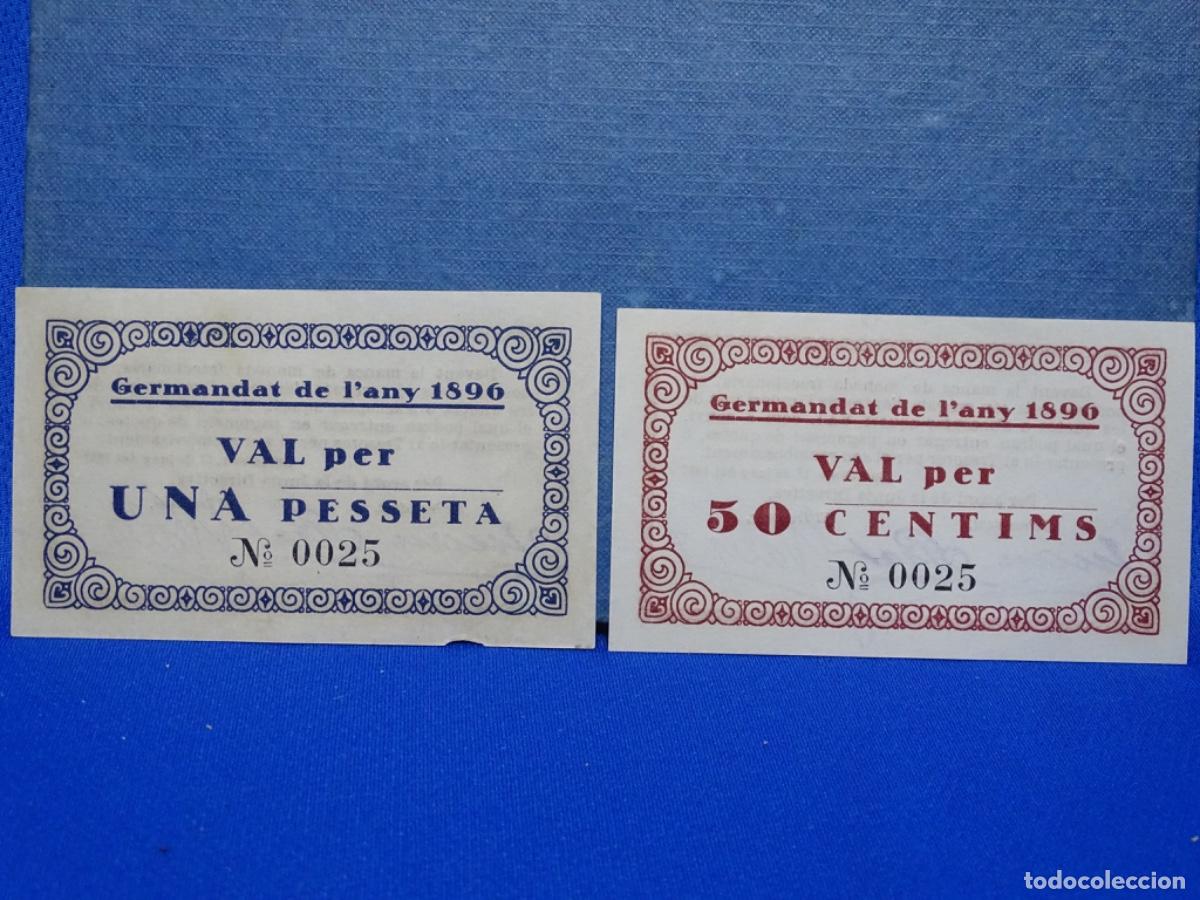 Monedas Rep&uacute;blica: 2 BILLETES 50 CENTIMS Y 1 PESETA GERMANDAT DE L&rsquo;ANY 1896. 1937. COMO NUEVO.