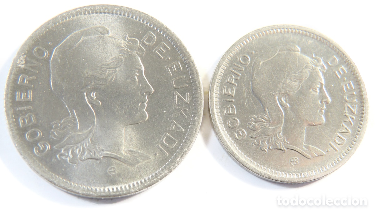 Moedas Rep&uacute;blica: Juego 1 y 2 Pesetas 1937 Gobierno de Euskadi Euzkadi Completo