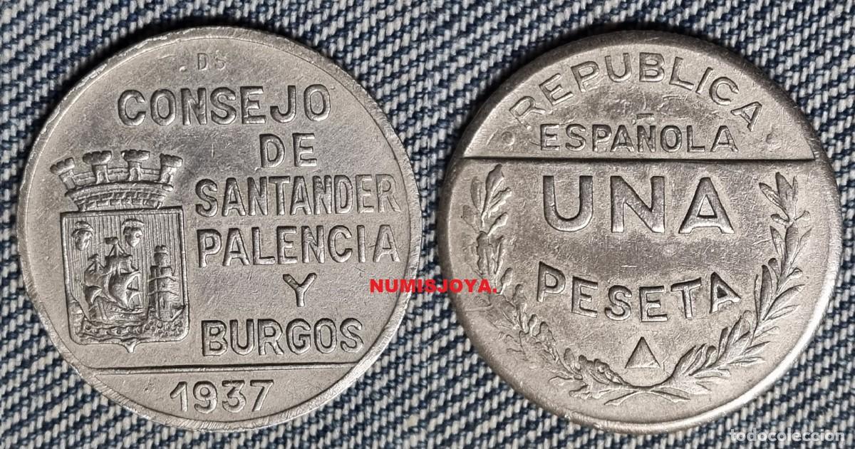 Monedas Rep&uacute;blica: Guerra Civil Espa&ntilde;ola 1 Peseta de Santander Palencia y Burgos. Peso 5,49 gr. 23 mm. BONITA.