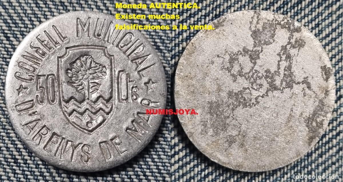 Monedas Rep&uacute;blica: Guerra Civil Espa&ntilde;ola. 50 c&eacute;ntimos Aluminio C. M. ARENYS DE MAR (BARCELONA). Peso 163 gr. 20 mm.