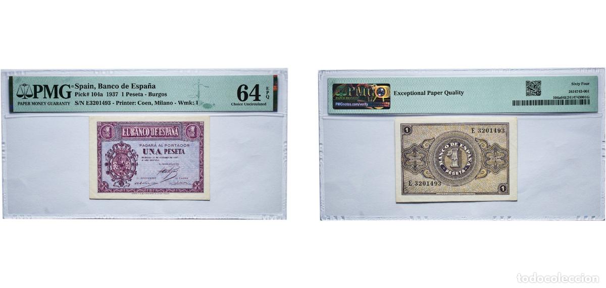 Monedas Rep&uacute;blica: Spain Kingdom 1937 1 Peseta -Burgos Paper (30000000) PMG Choice Uncirculated 64 EPQ P 104a