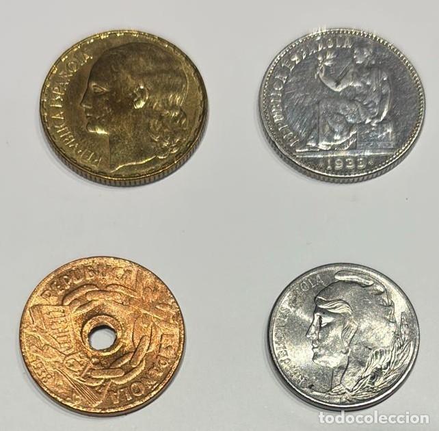 Monedas Rep&uacute;blica: Lote 4 monedas Rep&uacute;blica. EBC+/SC. 1 peseta plata 1933, 1 peseta 1937. 5 c&eacute;nt 1937, 25 c&eacute;ntimos 1938