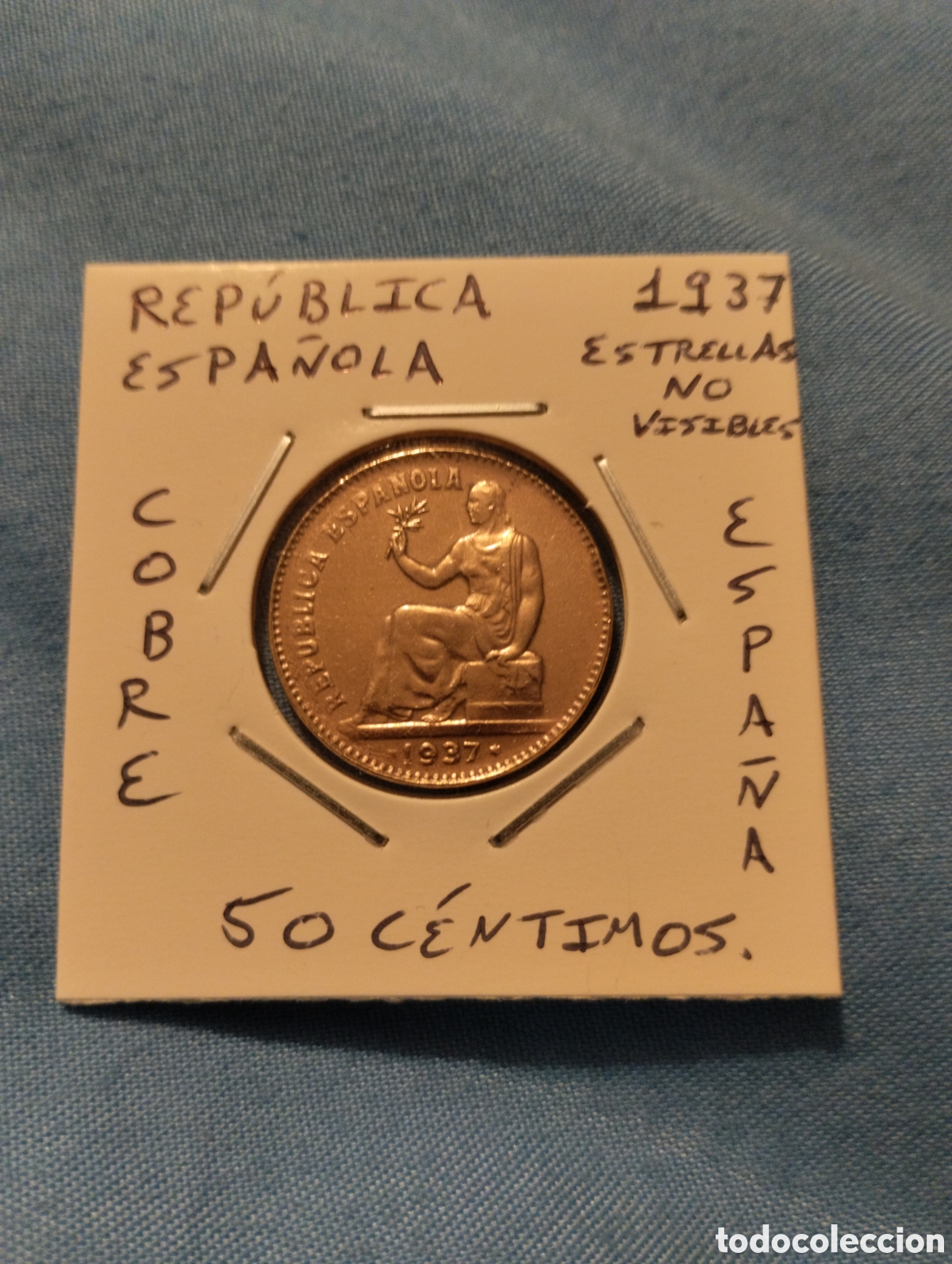 Monedas Rep&uacute;blica: Moneda 50 c&eacute;ntimos republica espa&ntilde;ola a&ntilde;o 1937 estrellas no visibles mbc encartonada