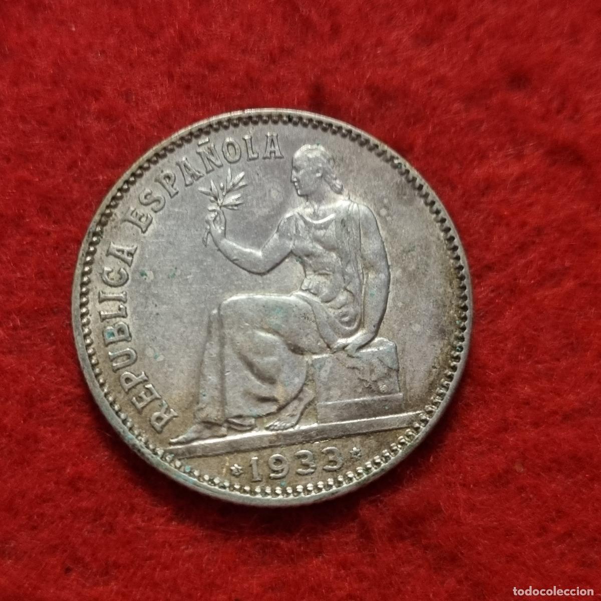 Monedas Rep&uacute;blica: MONEDA 1 PESETA PLATA 1933 REPUBLICA 1938 EBC ORIGINAL C38
