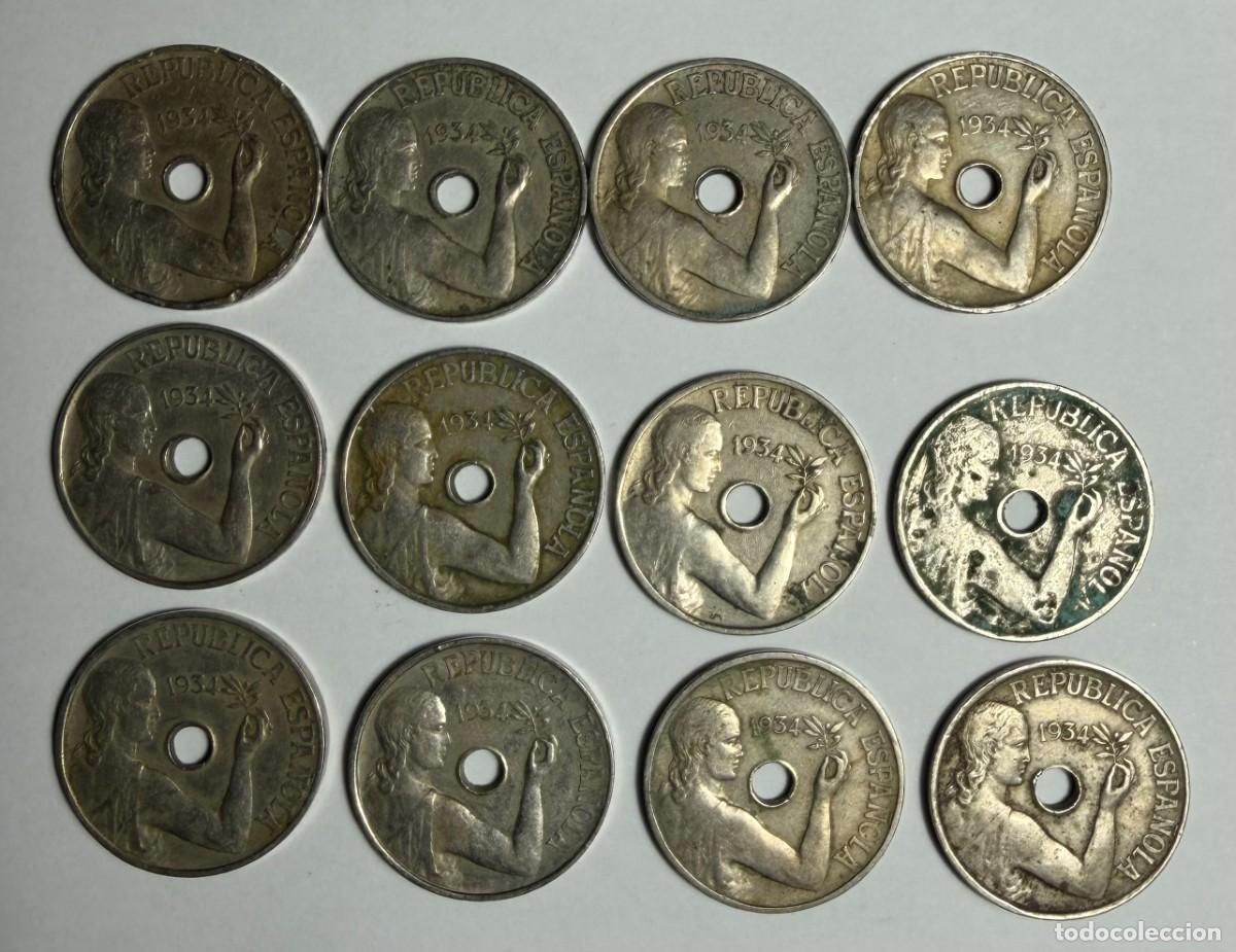 Monedas Rep&uacute;blica: Espa&ntilde;a. 25 c&eacute;ntimos 1934. Lote de 13