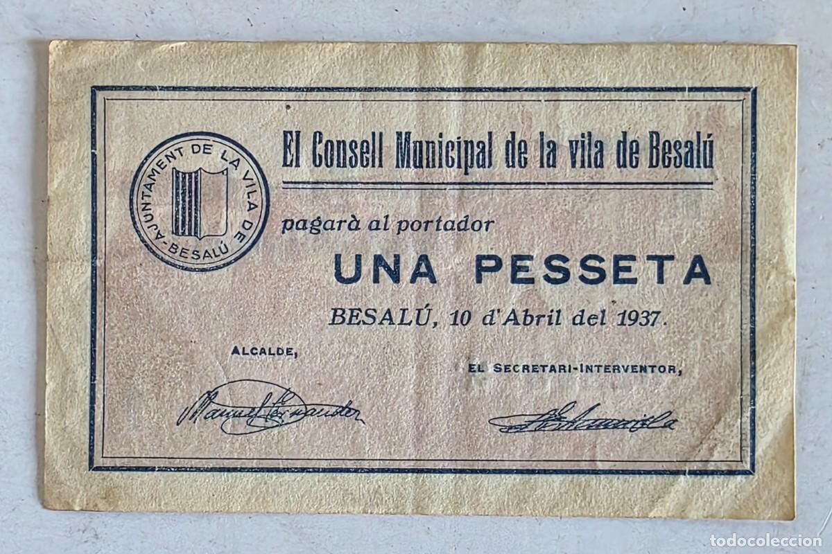 Monedas Rep&uacute;blica: Billete Local Una Pesseta Consell Municipal Besal&uacute; 1937 Guerra Civil Espa&ntilde;ola Peseta Garrotxa Girona