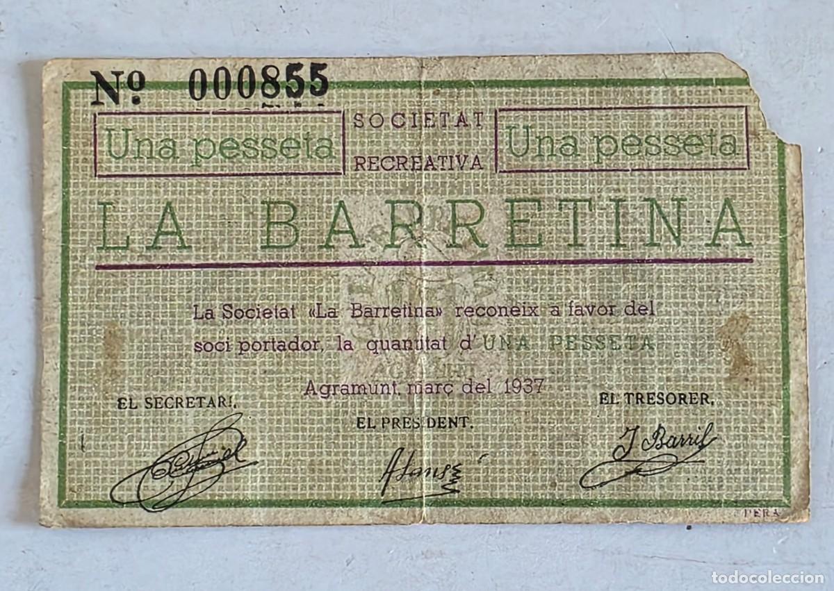Monedas Rep&uacute;blica: Billete Local Societat Recre. La Barretina Una Pesseta 1937 Agramunt Guerra Civil Rep&uacute;blica Peseta