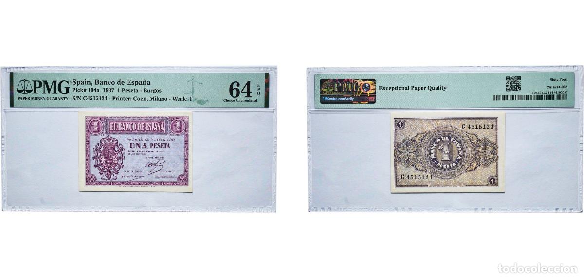 Monedas Rep&uacute;blica: Spain Kingdom 1937 1 Peseta -Burgos Paper (30000000) PMG Choice Uncirculated 64 EPQ P 104a