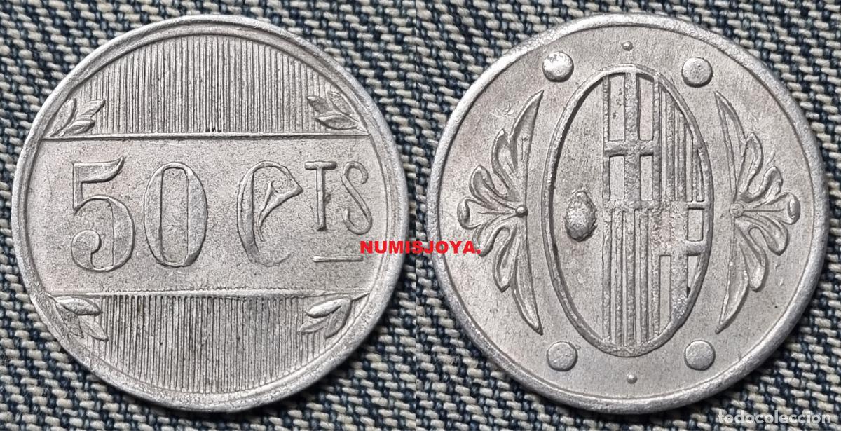 Monedas Rep&uacute;blica: GUERRA CIVIL ESPA&Ntilde;OLA. 50 C&eacute;ntimos Ayuntamiento L&acute;ametlla del Vall&eacute;s. Peso 0,62 gr. 20 mm.