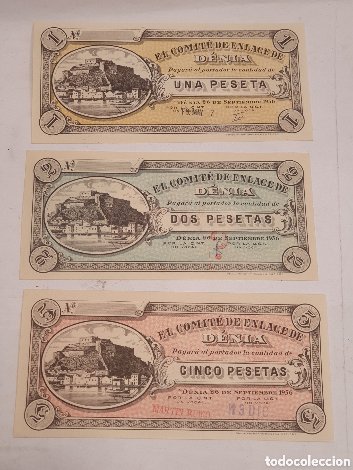 Monedas Rep&uacute;blica: 3 BILLETES GUERRA CIVIL. EL COMITE DE ENLACE DE DENIA. 1936. U.G.T. C.N.T. I.R. P.C. 1, 2, 5 PESETA